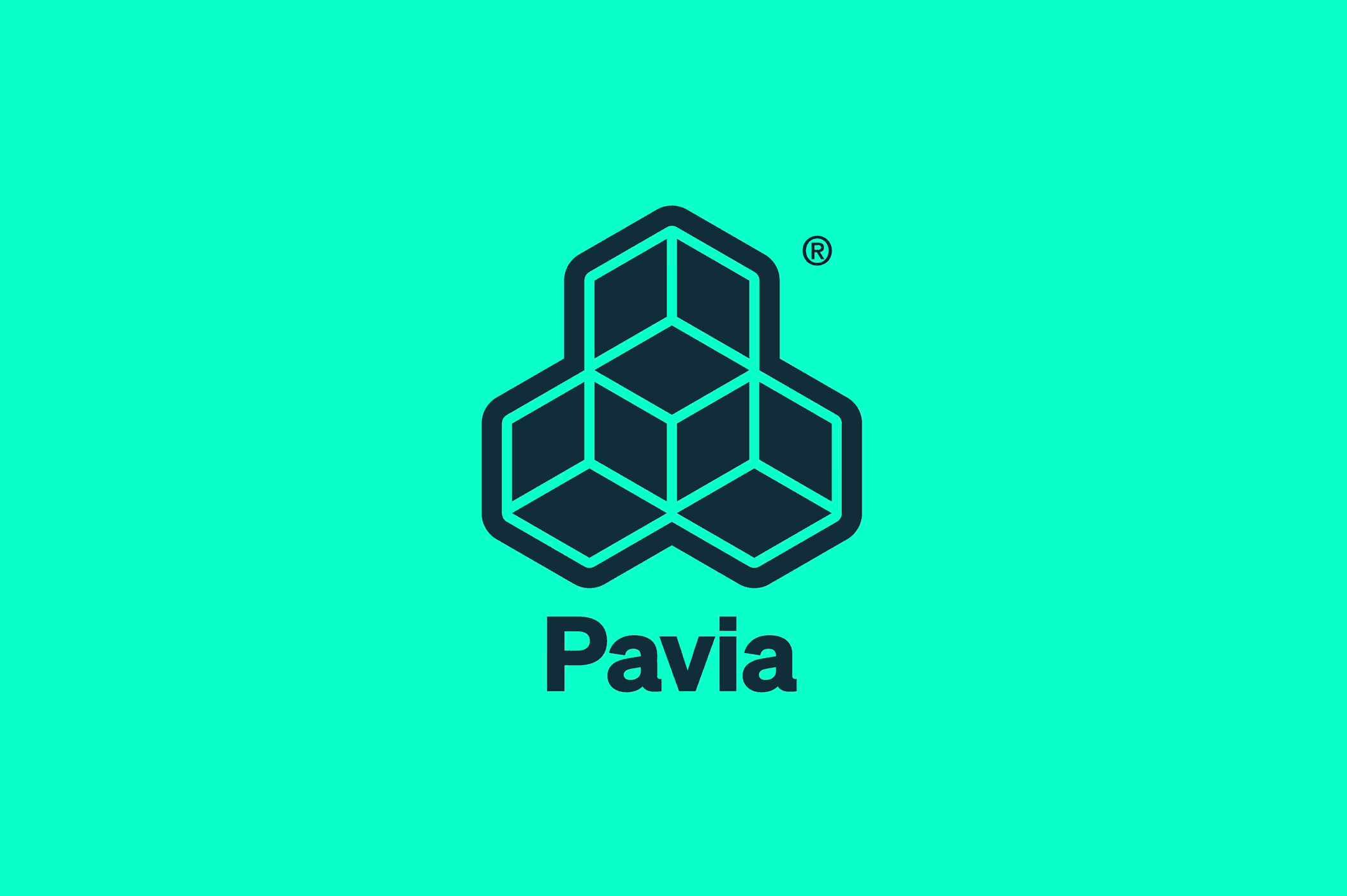 Pavia logo: a hexagonal cluster of cubes above the wordmark on bright aqua