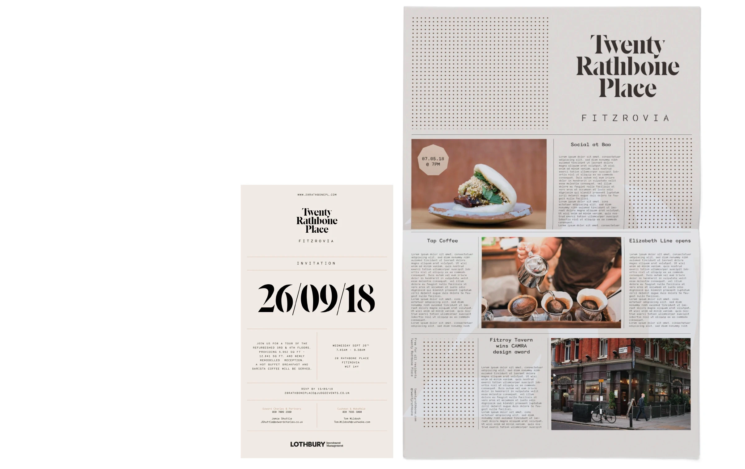 Twenty Rathbone Place Fitzrovia invitation dated 26/09/18 beside a newspaper-style printed piece