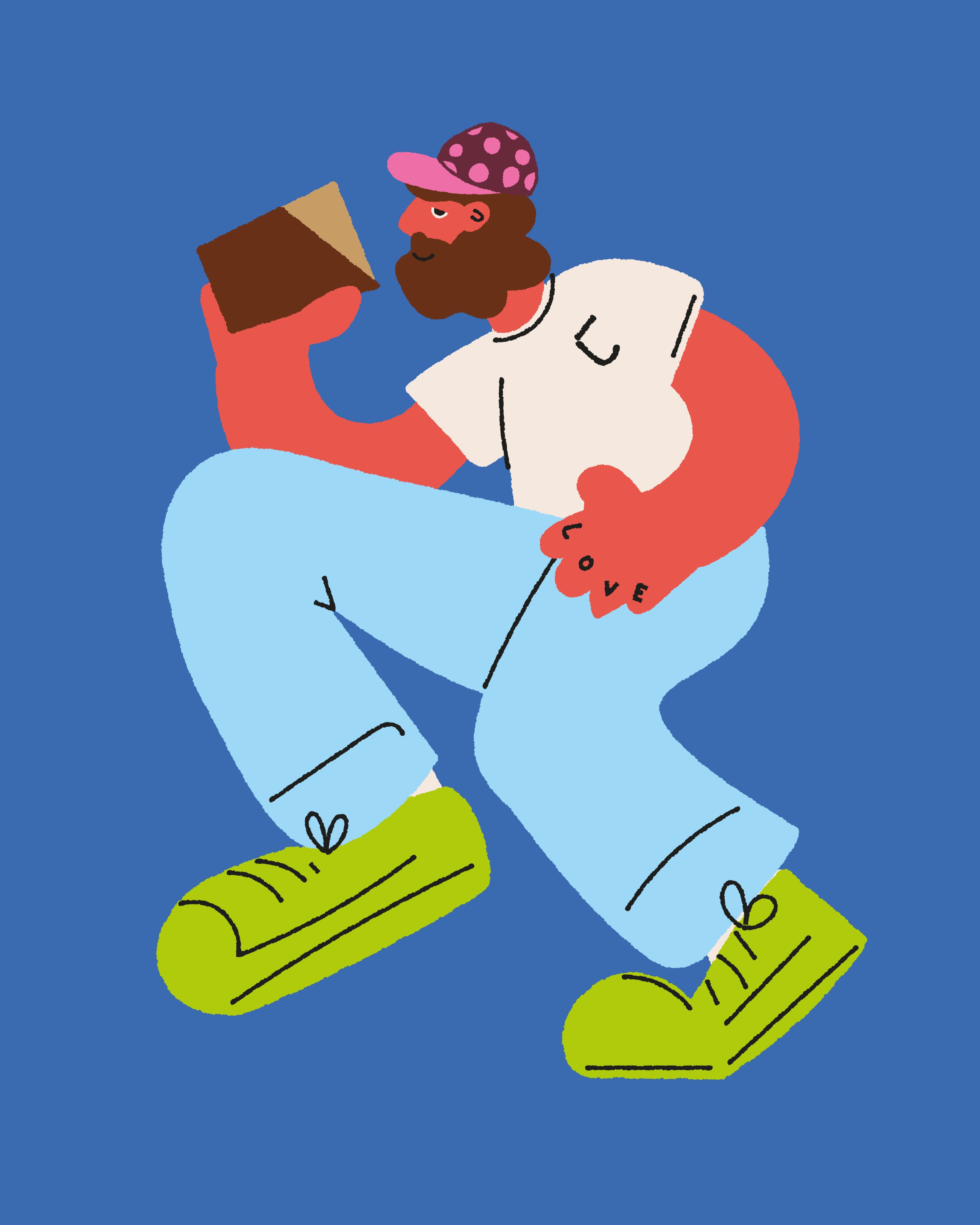 Illustrated bearded character in a polka-dot cap and green trainers sipping a beer on a blue background