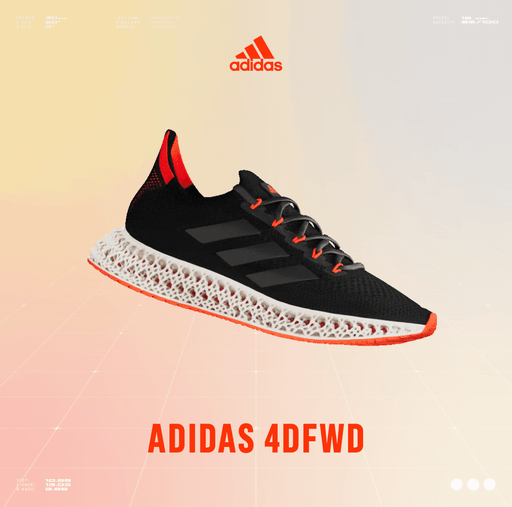 adidas 4DFWD trainer rotating on a peach gradient