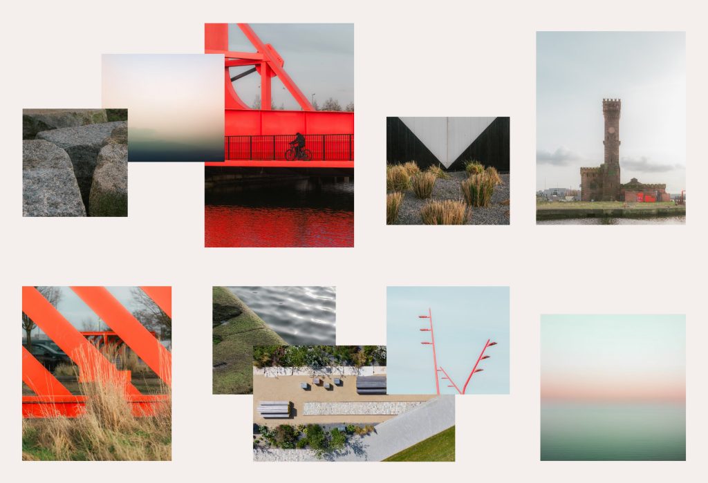 Collage of architectural and landscape photographs including a red bridge