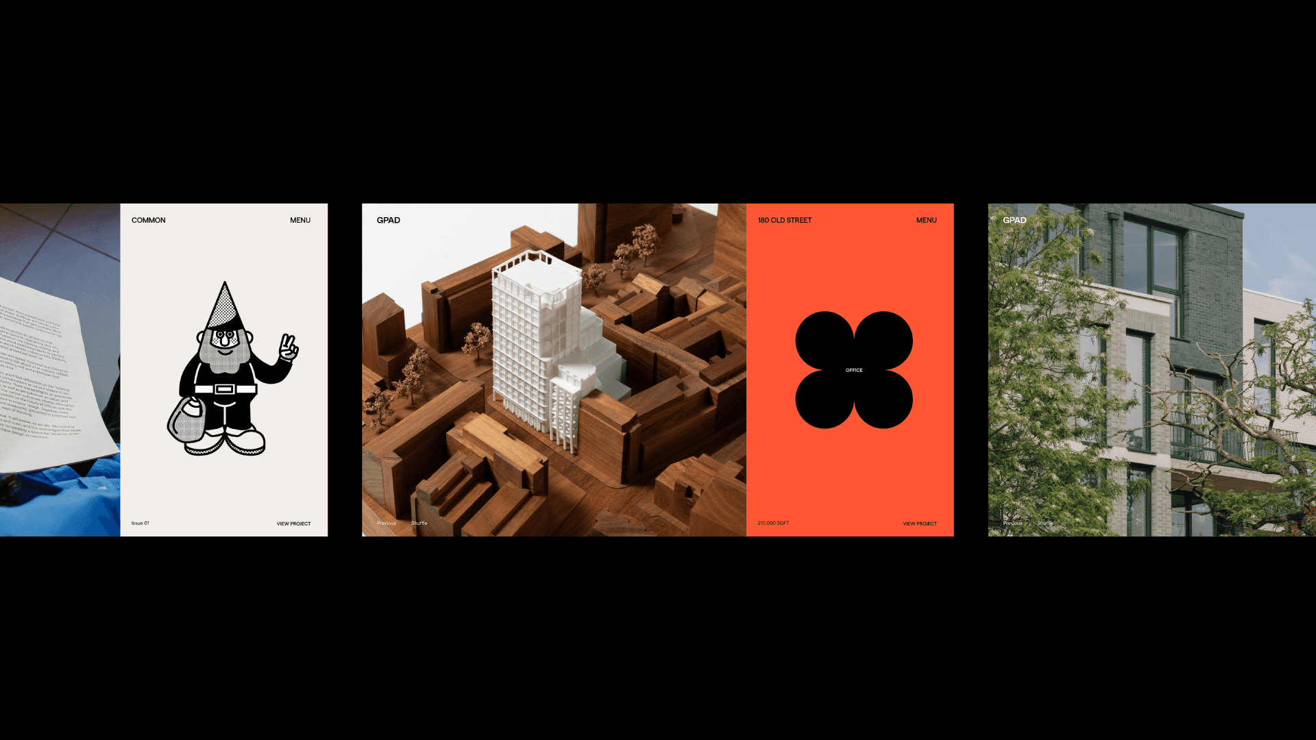 Row of website screens featuring an illustrated gnome, an architectural model and a bold orange project page